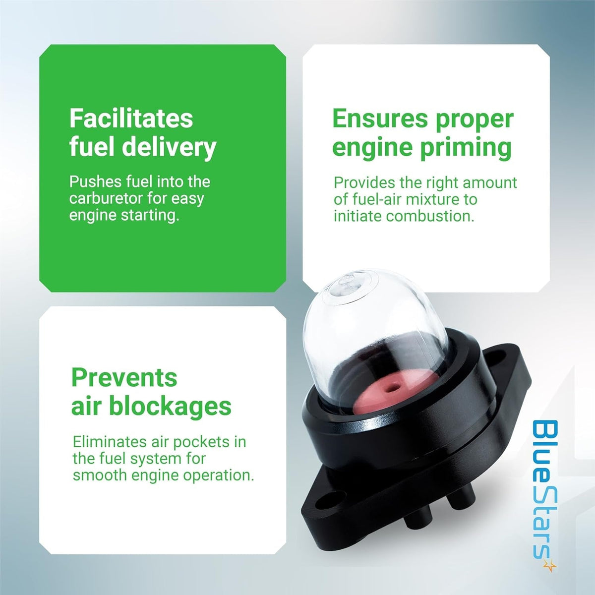 Infographic showing chainsaw primer bulb pump functions for fuel delivery and engine priming.