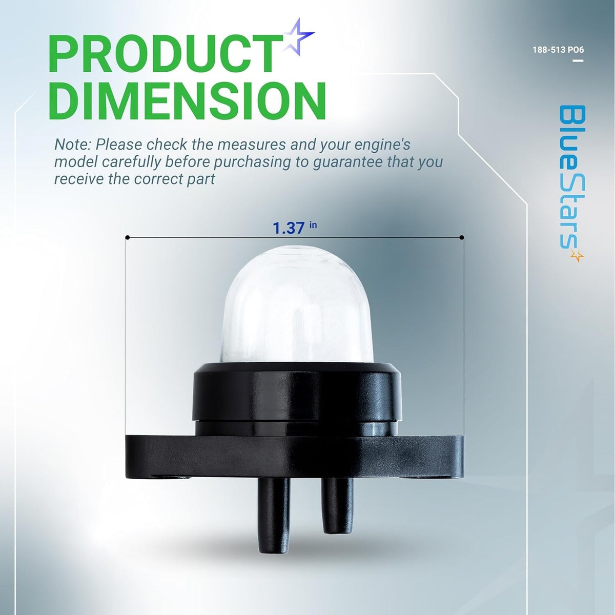 Dimension diagram of 188-513 chainsaw primer bulb pump showing a width of 1.37 inches.