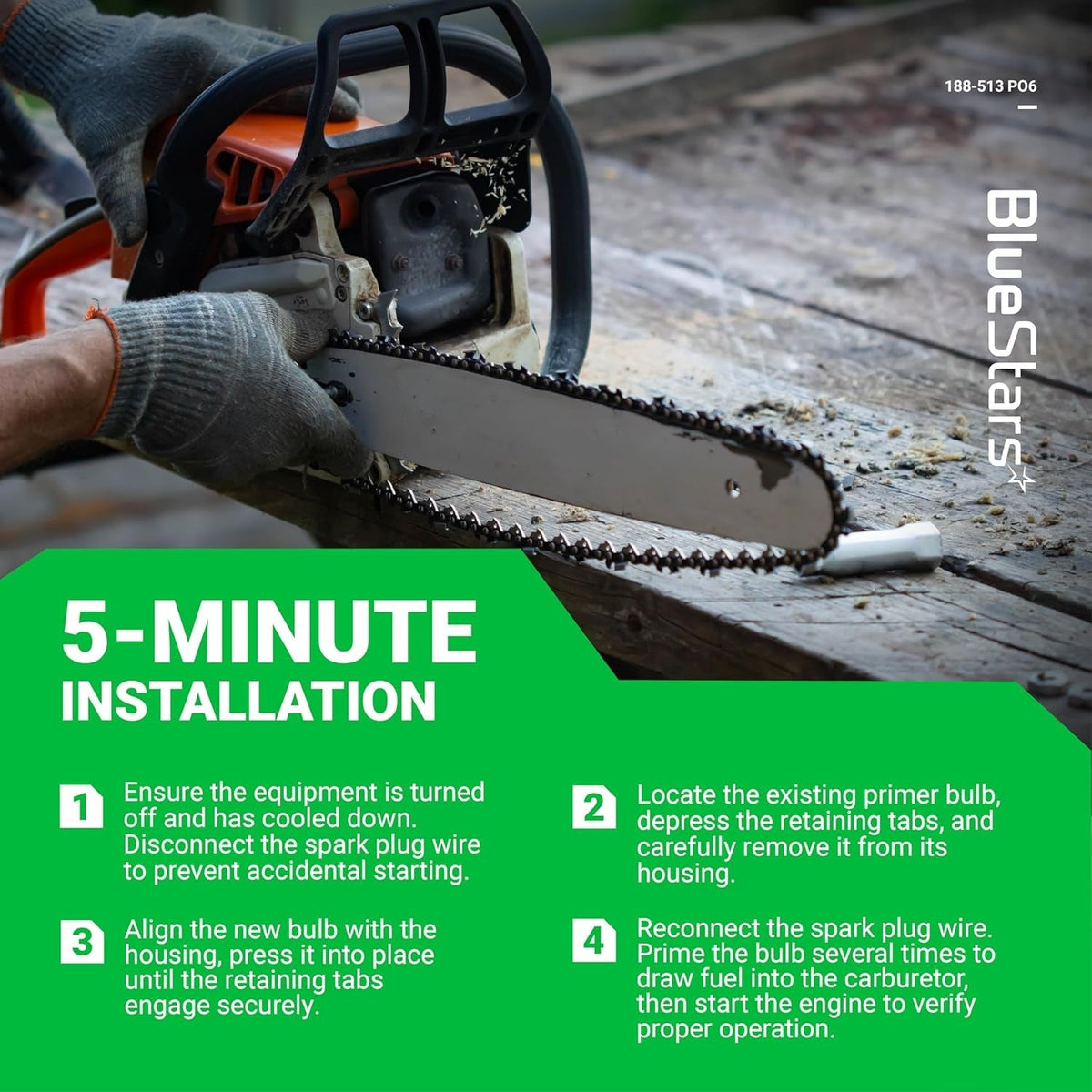 Instructional graphic showing 5-minute installation steps for a chainsaw primer bulb pump replacement.
