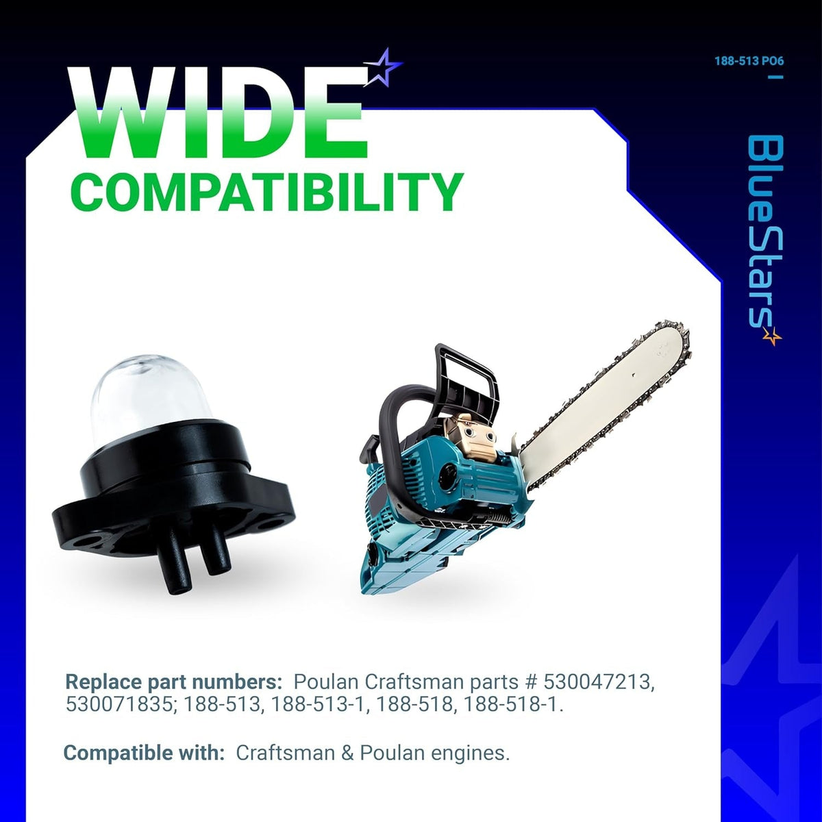 Chainsaw primer bulb pump 530071835 and compatible chainsaw engine graphic for Poulan and Craftsman models.
