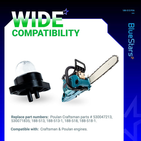 Chainsaw primer bulb pump 530071835 and compatible chainsaw engine graphic for Poulan and Craftsman models.