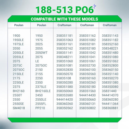 Compatibility chart for 188-513 chainsaw primer bulb pump listing Poulan and Craftsman model numbers.