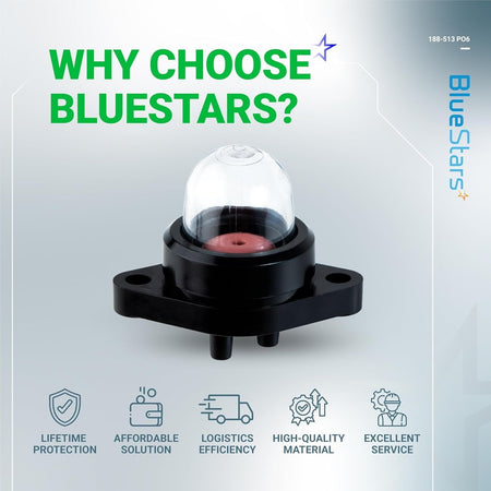 Close-up of a chainsaw primer bulb pump replacement part on a BlueStars branded promotional background.