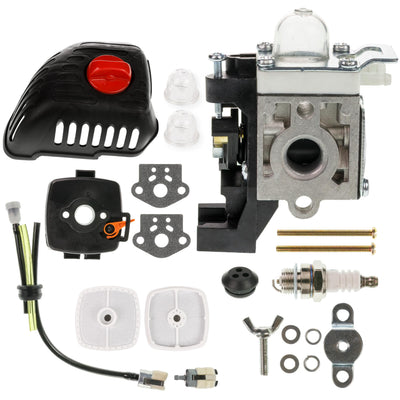 Echo SRM-225 carburetor repair kit with air filter, fuel lines, spark plug, and gaskets for trimmer maintenance.