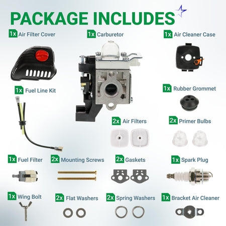 Echo SRM-225 carburetor replacement kit including air filter cover, fuel lines, gaskets, and maintenance components.
