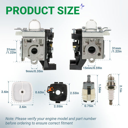 Dimension diagram showing Echo SRM-225 carburetor, air filter, fuel filter, and spark plug with measurements.