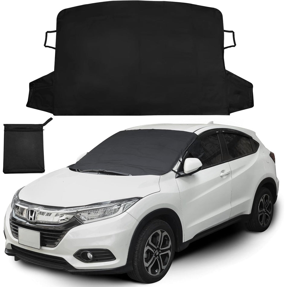 Large black windshield cover for ice and snow protection installed on a white car with a storage bag.
