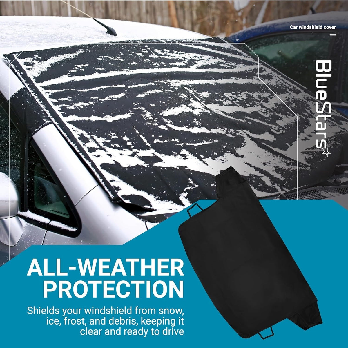 Large black windshield cover installed on a car to protect against snow and ice.