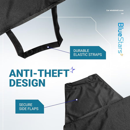 Close-up of windshield cover showing durable elastic straps and anti-theft side flaps for secure installation.