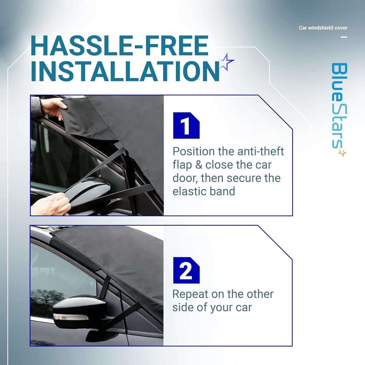 Instructional graphic showing how to install a windshield cover for ice and snow on a car door and side mirror.