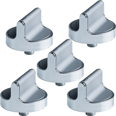 Set of five W10698166 silver stove range cooktop control knobs.