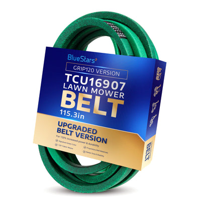 TCU16907 green traction drive V-belt for John Deere ZTrak mowers in BlueStars branded retail packaging.