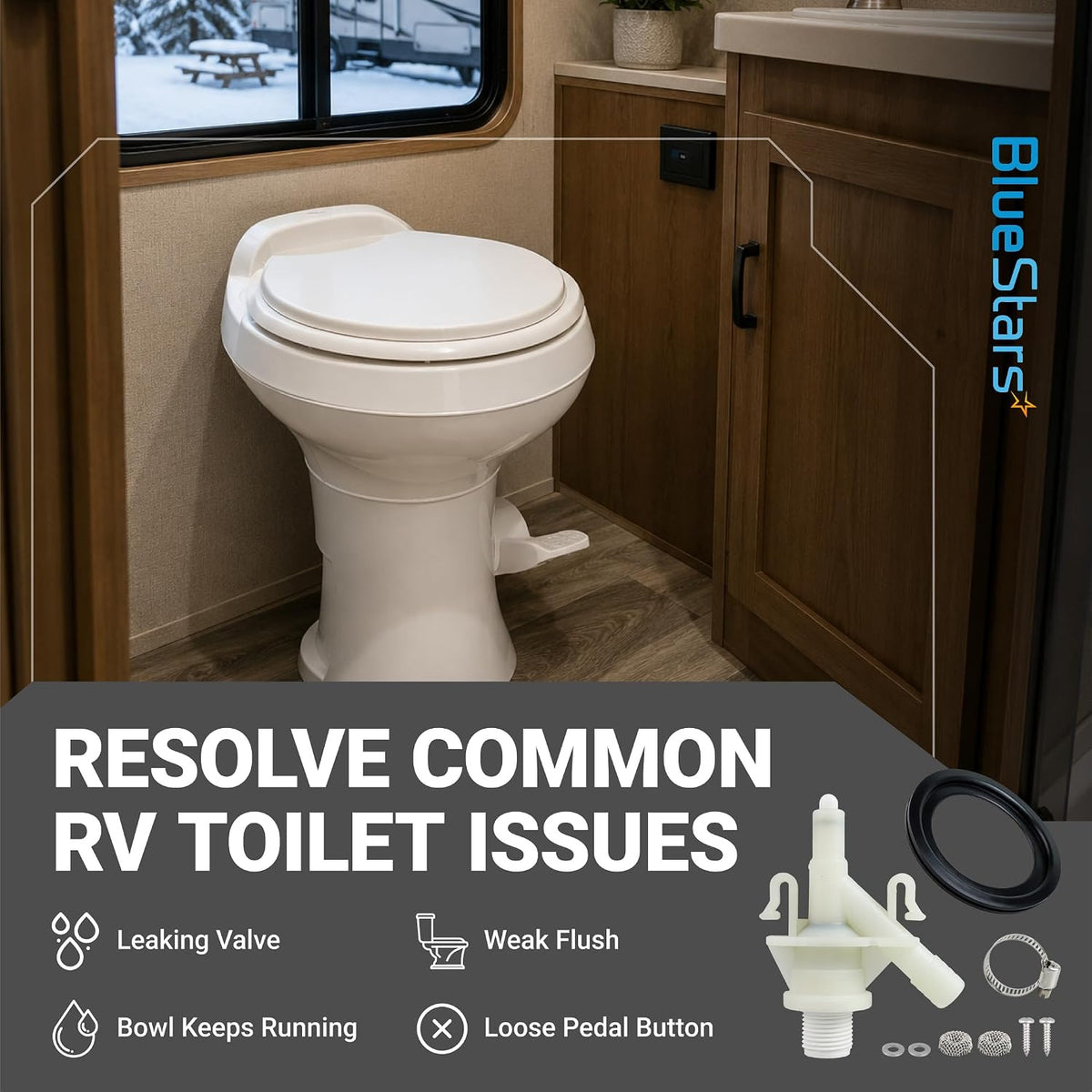 385311641 2-Pack RV Toilet Valve Kit infographic showing an RV toilet, replacement valve, and common toilet issues