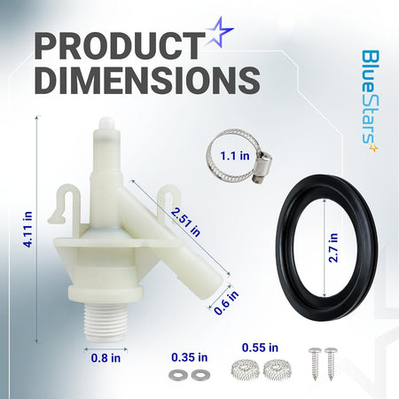 385311641 2-Pack RV Toilet Valve Kit shows product dimensions with valve, seal, clamp, washers, screws and measurements