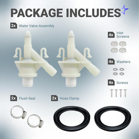 385311641 2-Pack RV Toilet Valve Kit, package contents shown with two valves, seals, clamps, screens, washers and screws