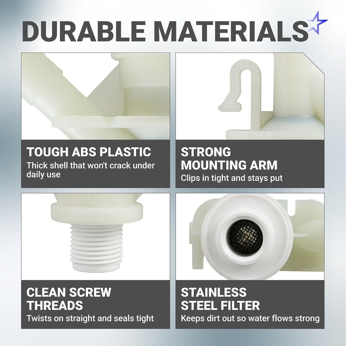 385311641 RV toilet valve kit feature graphic showing ABS plastic, mounting arm, screw threads, and steel filter