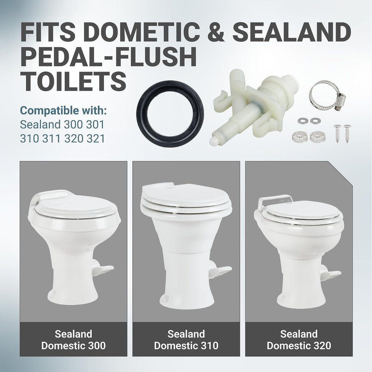 385311641 2-Pack RV Toilet Valve Kit, parts shown with Sealand 300, 310 and 320 toilet compatibility graphic