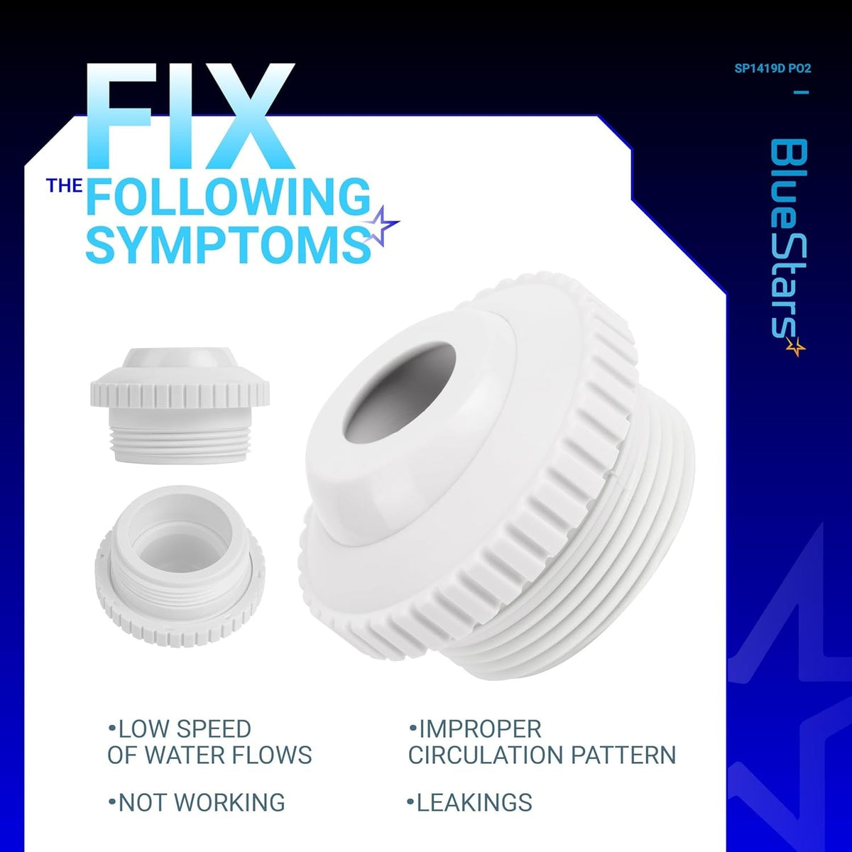 SP1419D pool jet nozzle replacement parts showing troubleshooting symptoms for low water flow and circulation issues.