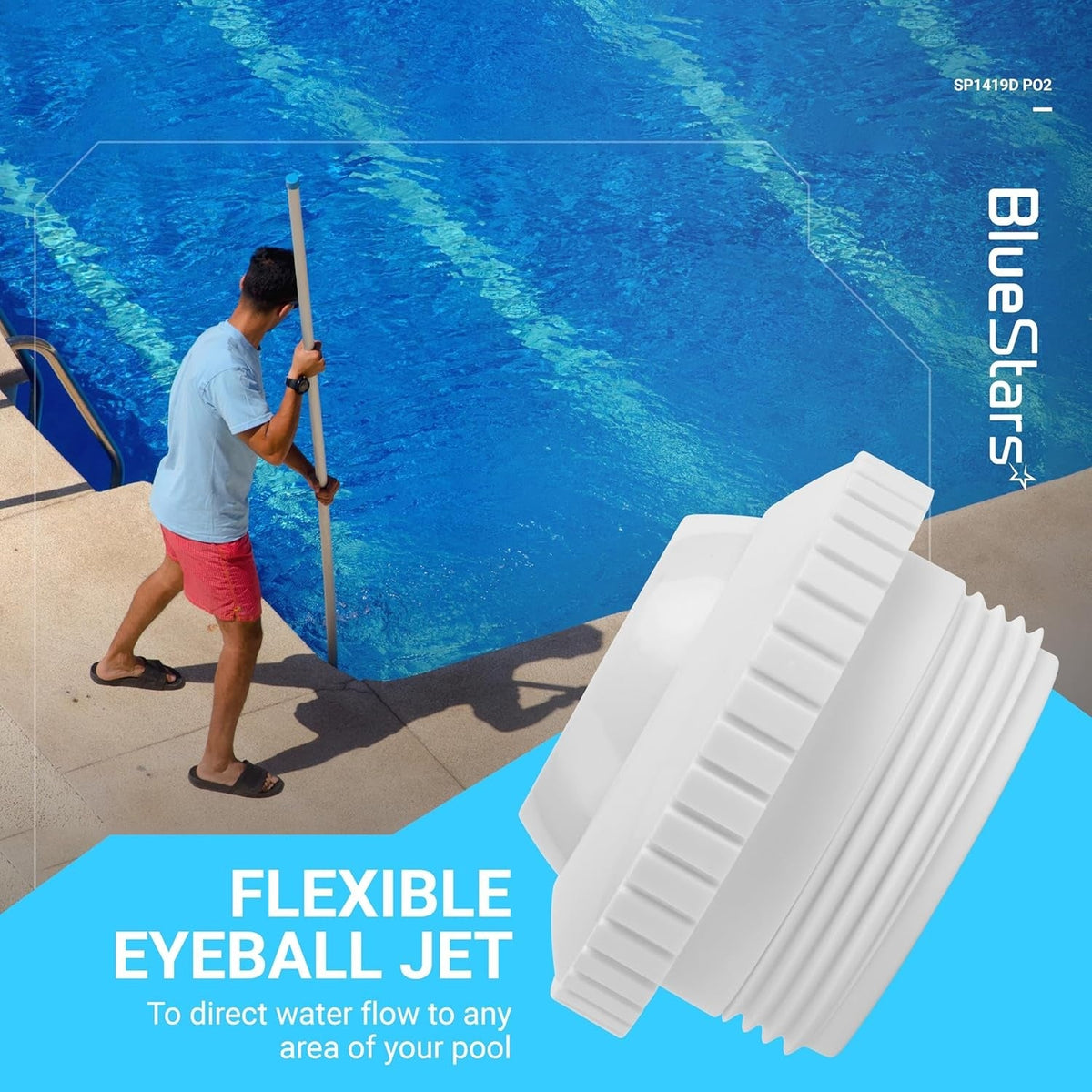 Close-up of SP1419D pool jet nozzle with adjustable 3/4 inch opening and 1-1/2 inch MIP thread.