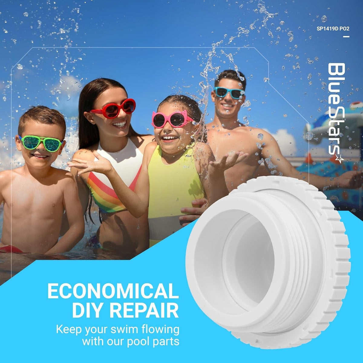SP1419D pool jet nozzle replacement part with 1-1/2 inch MIP thread shown in a lifestyle marketing graphic.