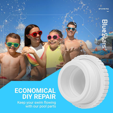 SP1419D pool jet nozzle replacement part with 1-1/2 inch MIP thread shown in a lifestyle marketing graphic.