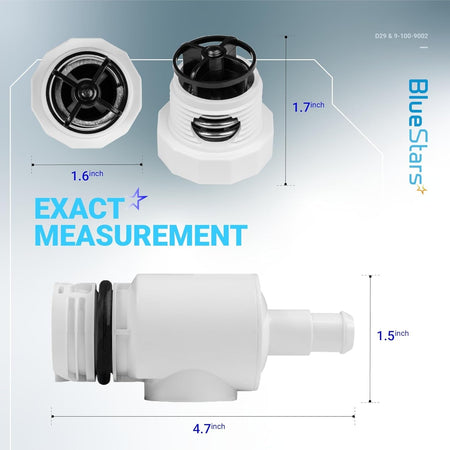 D29 UWF quick disconnect and 9-100-9002 pressure relief valve showing dimensions and product measurements.