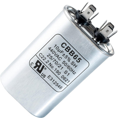 10 uF 440VAC CBB65 oval run start capacitor with dual terminal connectors.