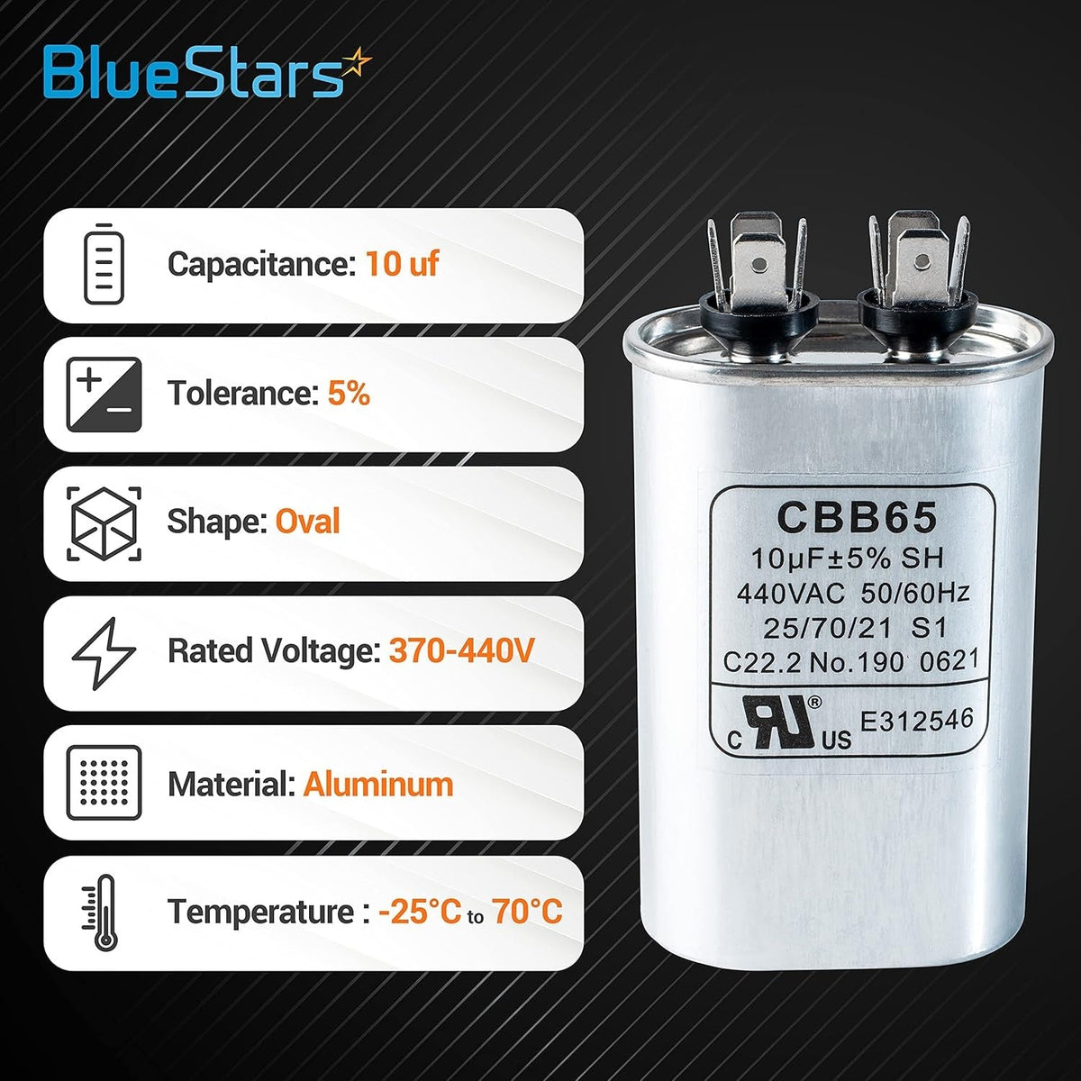 10 uF CBB65 oval run start capacitor with technical specification infographic showing voltage and material details.