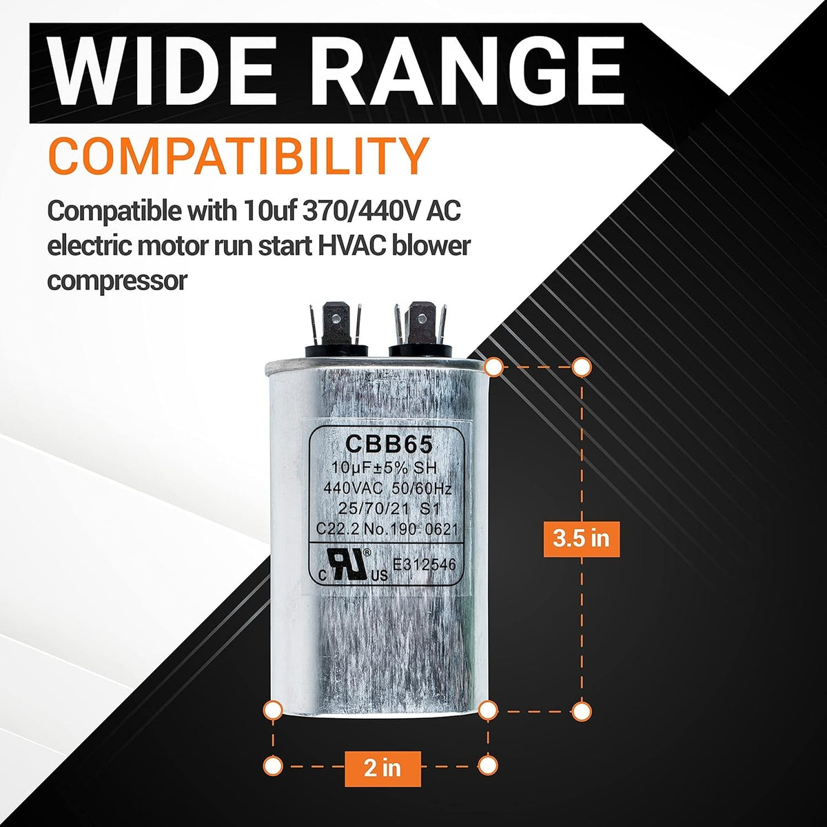 10uF 370/440VAC CBB65 oval run start capacitor showing 3.5-inch height and 2-inch width dimensions.