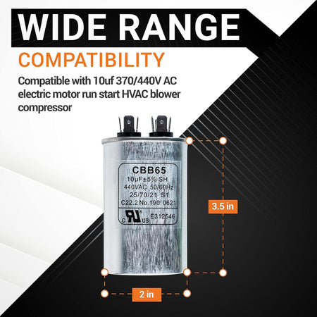 10uF 370/440VAC CBB65 oval run start capacitor showing 3.5-inch height and 2-inch width dimensions.
