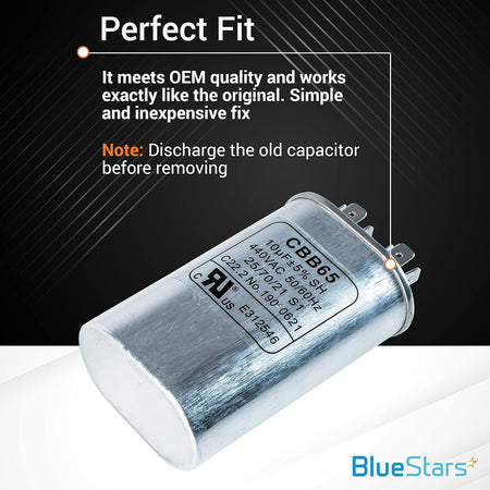 10uF 370/440VAC CBB65 oval run start capacitor for AC motors and heat pumps with installation safety note.