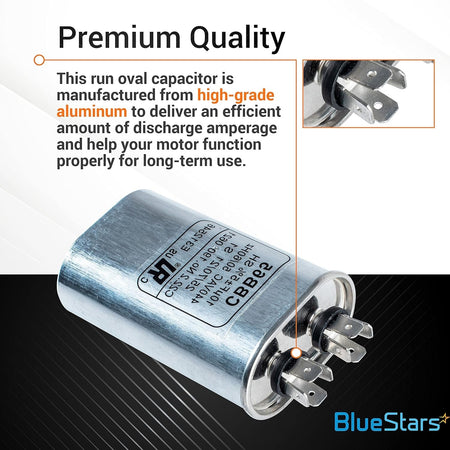 10 uF CBB65 oval run capacitor with terminal close-up and product specifications label.