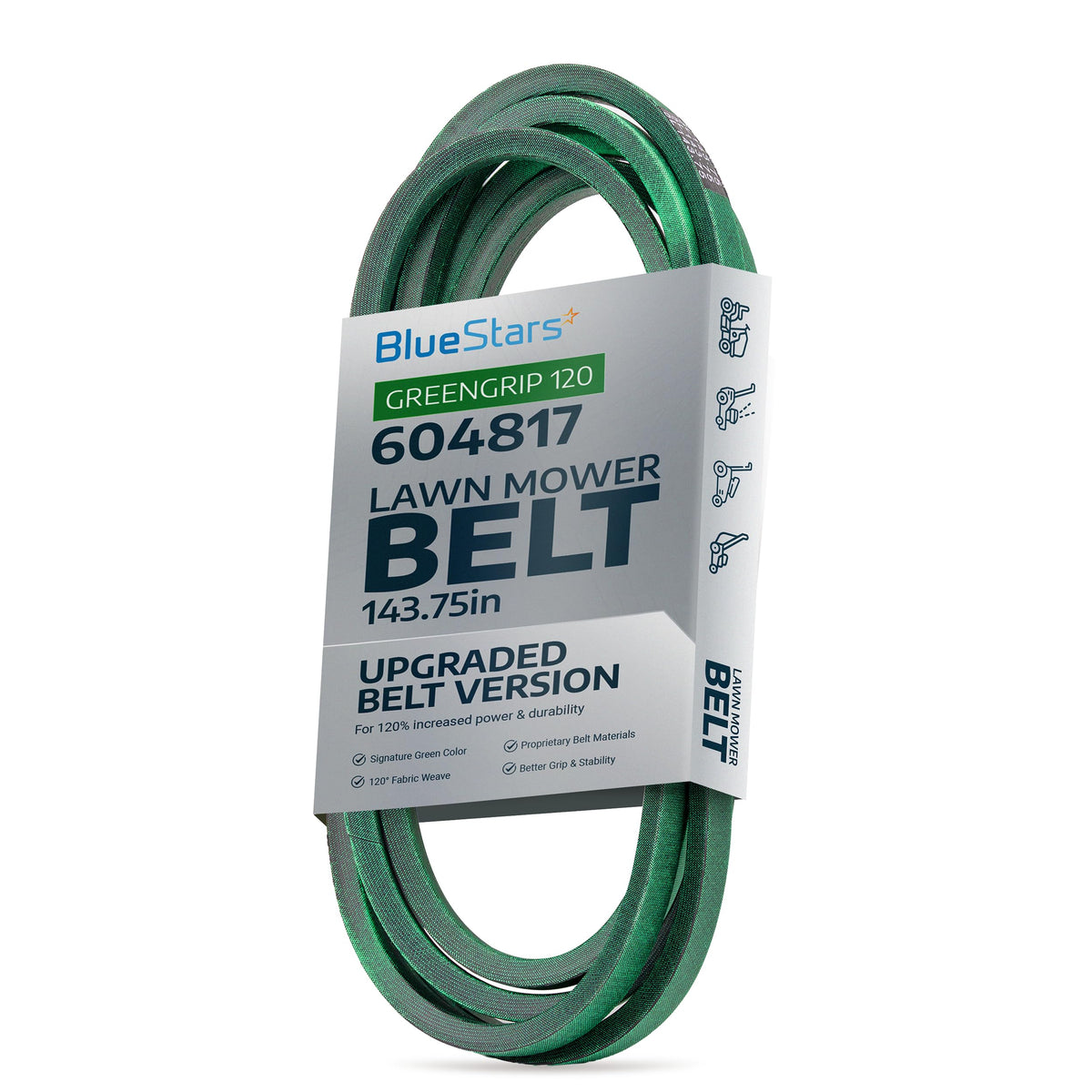 604817 green mower deck belt for Hustler zero turn mowers in BlueStars retail packaging.