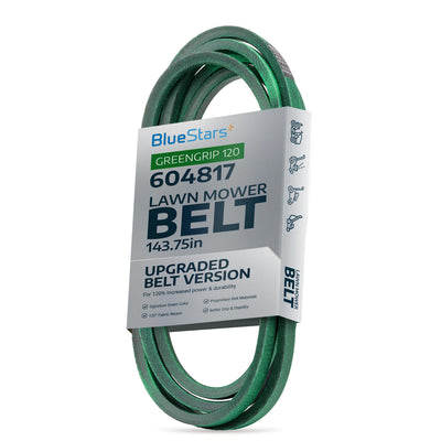 604817 green mower deck belt for Hustler zero turn mowers in BlueStars retail packaging.