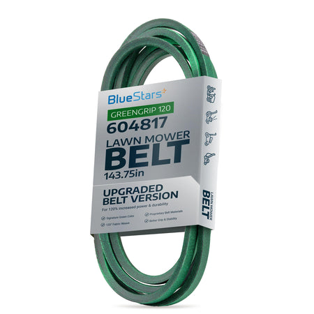 604817 green mower deck belt for Hustler zero turn mowers in BlueStars retail packaging.