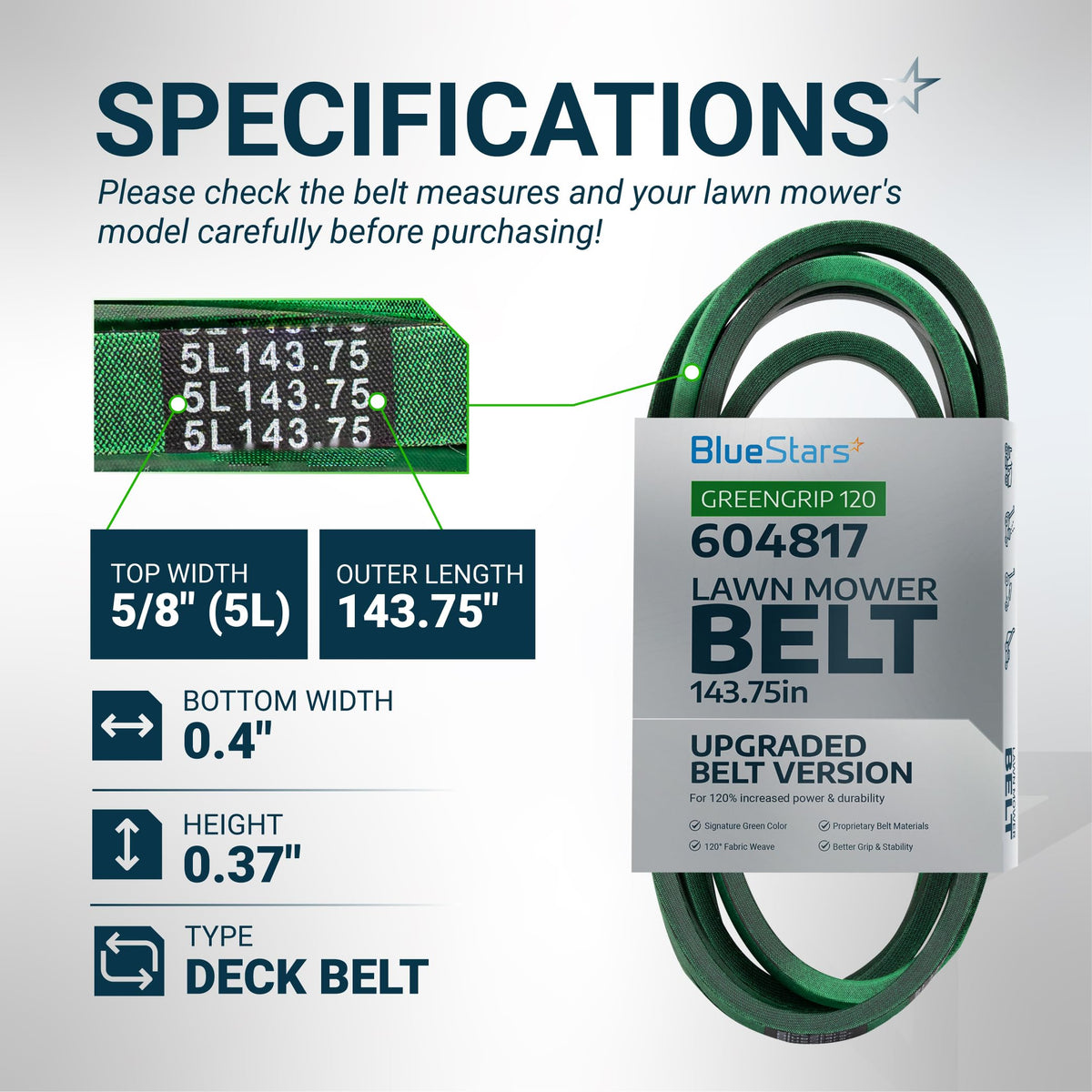Specification chart for 604817 mower deck belt showing dimensions, 5/8 inch width, and 143.75 inch length.