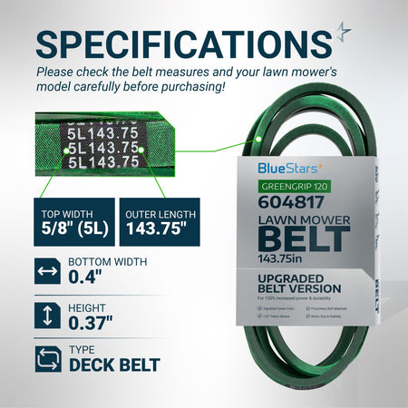 Specification chart for 604817 mower deck belt showing dimensions, 5/8 inch width, and 143.75 inch length.