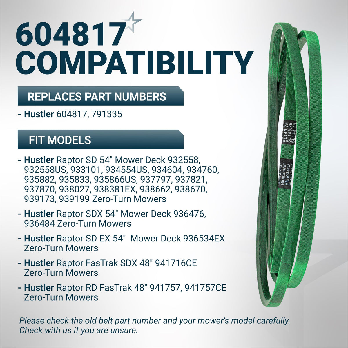 604817 mower deck belt compatibility chart for Hustler Raptor SD, SDX, and FasTrak zero-turn mowers.