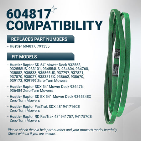 604817 mower deck belt compatibility chart for Hustler Raptor SD, SDX, and FasTrak zero-turn mowers.