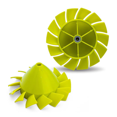 Two yellow blower fan blades for Ryobi 18V cordless leaf blowers, showing top and side profile views.
