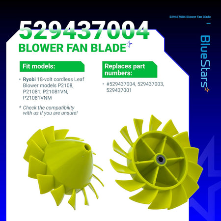 Two yellow blower fan blades for Ryobi 18V cordless leaf blowers, showing front and back views with insert nut.