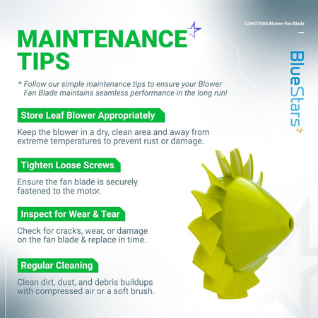 Maintenance tips infographic for 529437004 blower fan blade compatible with Ryobi 18V cordless leaf blowers.