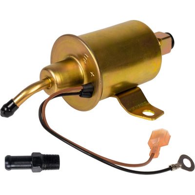 149-2311 electric 12V fuel pump with mounting bracket, wiring harness, and threaded hose barb fitting.