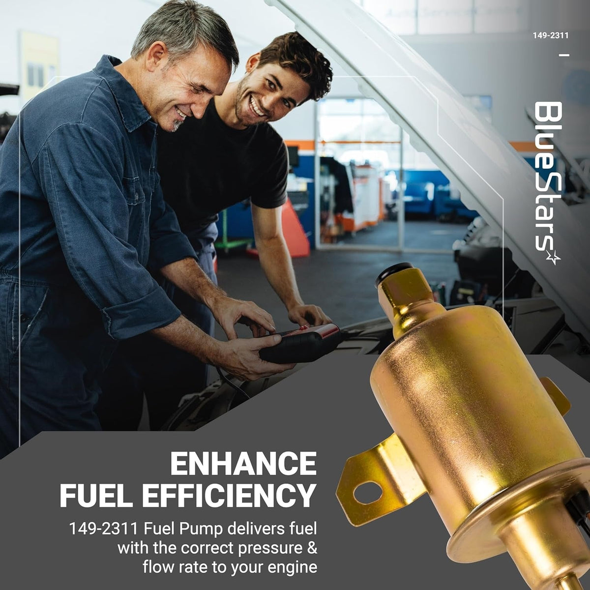 149-2311 electric 12V fuel pump shown in a promotional graphic with mechanics working on a car engine.