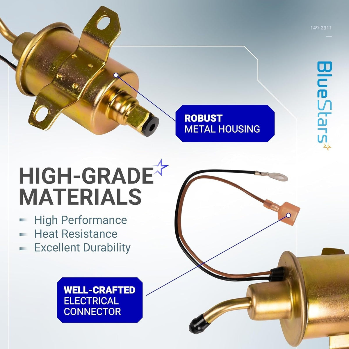 149-2311 electric 12V fuel pump showing robust metal housing and electrical connector details.