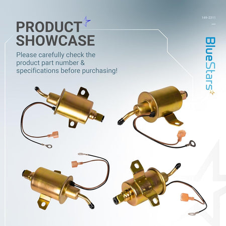 Four views of the 149-2311 electric 12V fuel pump showing mounting brackets and electrical wiring connectors.