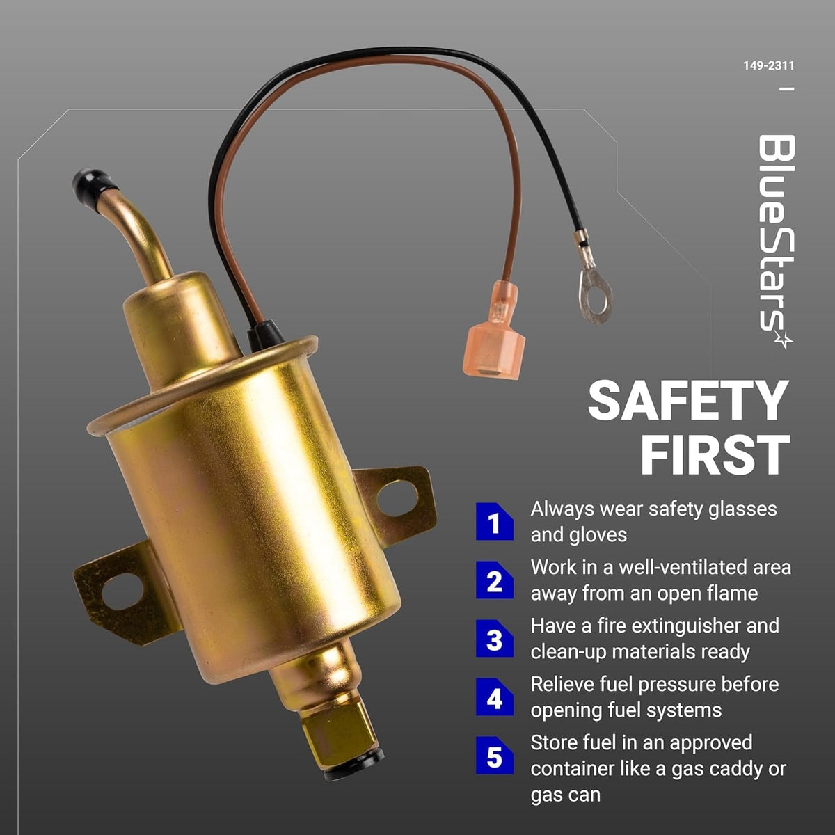 149-2311 electric 12V fuel pump with wiring harness and safety installation instructions.