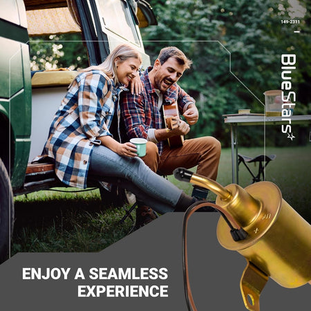 149-2311 electric 12V fuel pump shown in a lifestyle graphic with a couple camping.