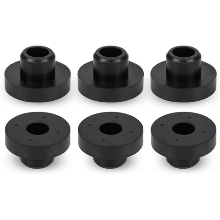 Pack of six black rubber fuel tank grommet bushings for MTD, Troy-Bilt, and Tecumseh lawn mower engines.