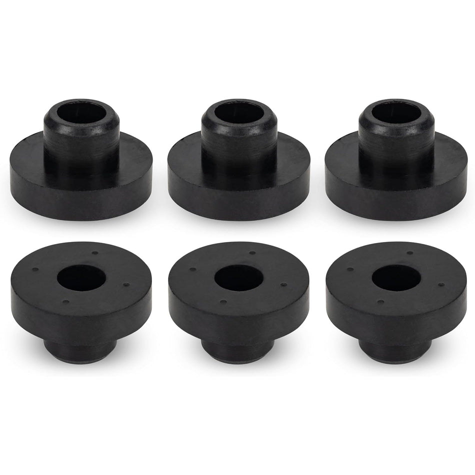 Pack of six black rubber fuel tank grommet bushings for MTD, Troy-Bilt, and Tecumseh lawn mower engines.